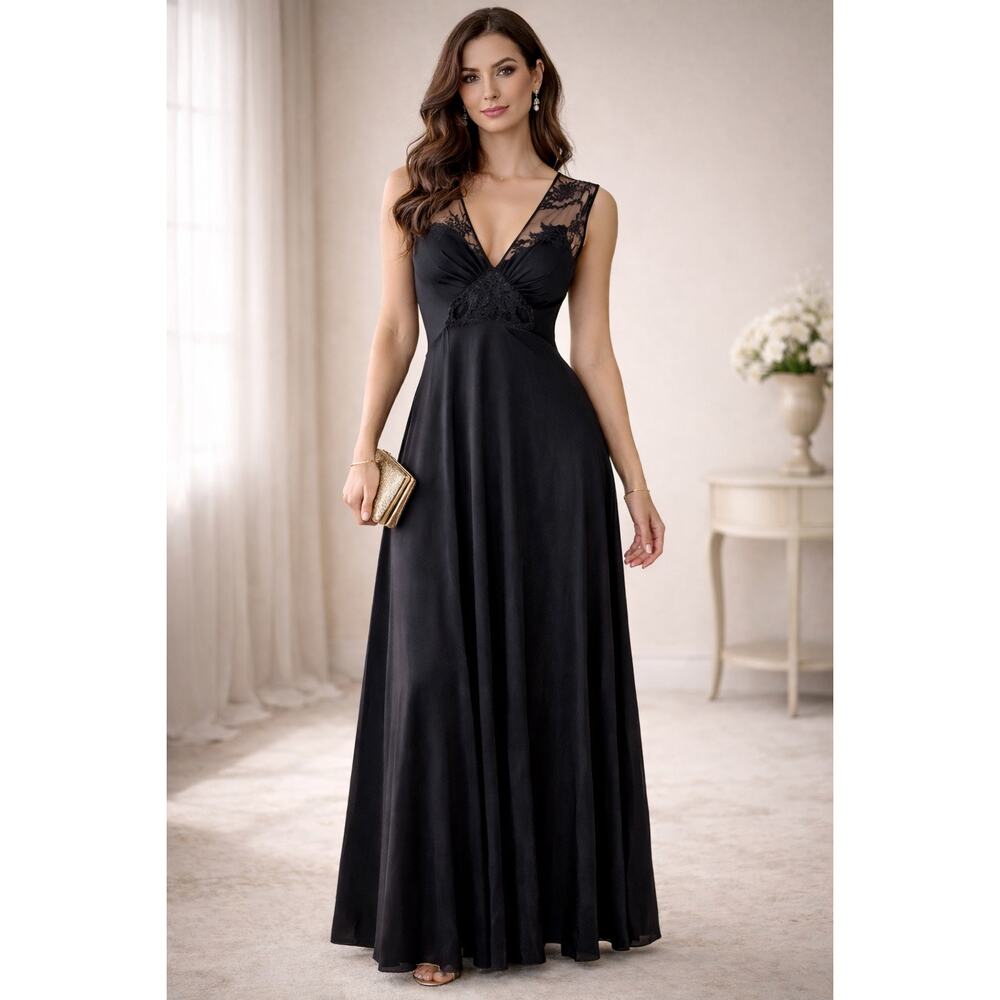 Vtg Maxi Lace Cutout Deep V Night Gown Womens M Tall Whimsygoth Fairy Witchy